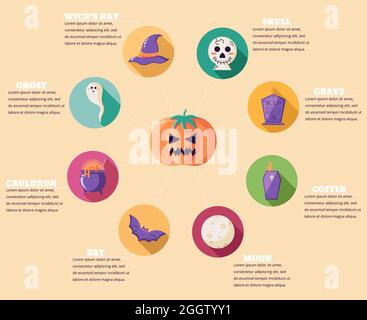 Halloween Concept Infographics. Flat Design Vector Illustration of Trick or Treat Concept isolated on a orange background. Stock Vector