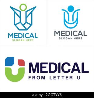 Medical pharmaceutical mobile app people letter U logo design  Stock Vector