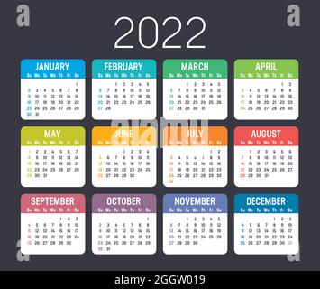 Colorful year 2022 calendar isolated on a dark background Stock Vector