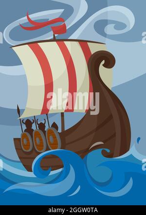 Viking poster with drakkar. Scandinavian placard design in cartoon style. Stock Vector