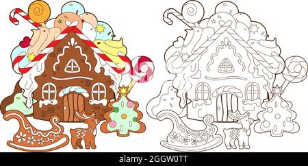 Coloring page with gingerbread house, Christmas candies and new year gingerbread tree, vector ,illustration in cartoon style, black and white line art Stock Vector