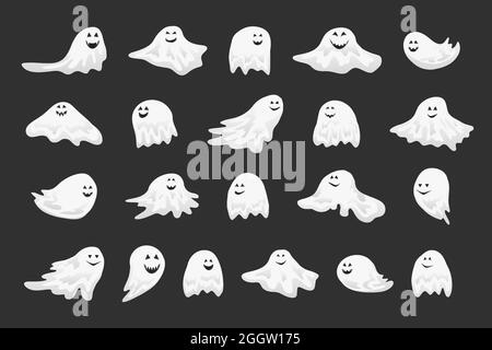 set of halloween ghost with scary and funny smiling face, cartoon vector illustration. Stock Vector