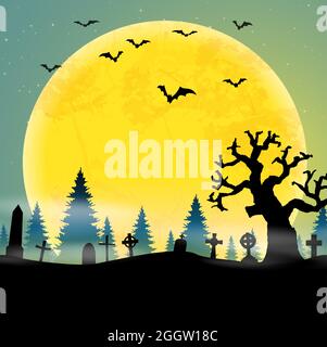 eps vector cemetery in front of woodlands with full moon with scary illustrated elements for Halloween background layouts Stock Vector