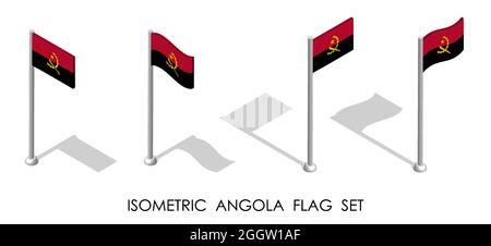 isometric flag of ANGOLA in static position and in motion on flagpole. 3d vector Stock Vector