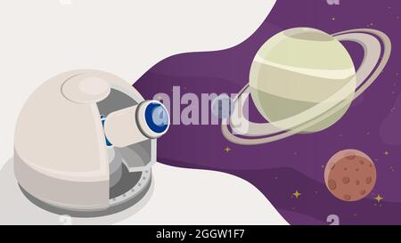 Observatory is watching Satellites on orbit around planet in space. Station for observing space, stars and planets of solar system. Cartoon vector Stock Vector