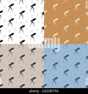 set of seamless patterns with Telescope on tripod for observing space, stars and planets of solar system. Ornament for decoration and printing on fabr Stock Vector