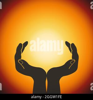 A silhouette of hands with a disk of the sun in the center. Vector illustration. Flat style. Stock Vector