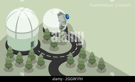 Observatory, planetarium on top of mountain. Station for observing space, stars and planets. Background, web banner, scientific concept. Illustration Stock Vector