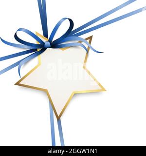 EPS 10 vector illustration of blue colored ribbon bow and gift band with shape of a golden star pendant for christmas greetings isolated on white back Stock Vector