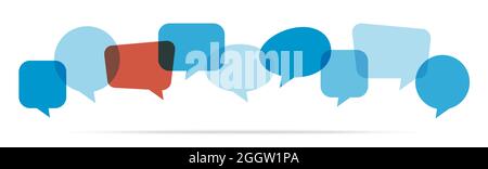 illustration of blue colored speech bubbles in a row with one red bubble Stock Vector