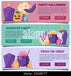 Halloween Web Horizontal Banners in a flat style. Vector Illustration for Website Header.  Stock Vector