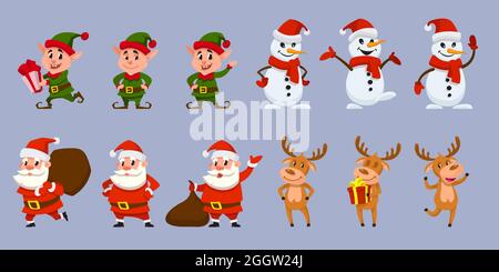Set of Christmas characters in different poses. Santa Claus, elf, reindeer and snowman in cartoon style. Stock Vector