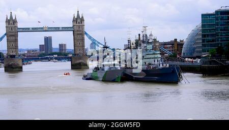 London: UK Patrol Ship HMS Severn berthed beside HMS Belfast by Tower Bridge following its  recommissioning to the Royal Navy .  HMS Severn has an unique paint scheme, mirroring ships who waged the Battle of the Atlantic 80 years ago. The combination of blue-grey and green-grey on a background of white and light grey is known as the Western Approaches paint scheme. HMS Severn’s primary role in her second life is a combination of navigation training, protection of UK waters and fishery protection.  Credit Ian DavidsonAlamy Live News Stock Photo