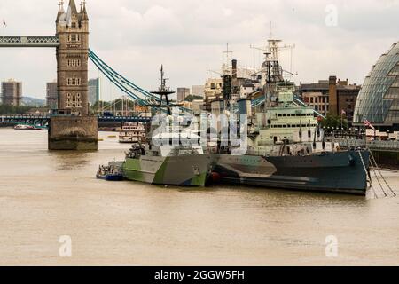 London: UK Patrol Ship HMS Severn berthed beside HMS Belfast by Tower Bridge following its  recommissioning to the Royal Navy .  HMS Severn has an unique paint scheme, mirroring ships who waged the Battle of the Atlantic 80 years ago. The combination of blue-grey and green-grey on a background of white and light grey is known as the Western Approaches paint scheme. HMS Severn’s primary role in her second life is a combination of navigation training, protection of UK waters and fishery protection.  Credit Ian DavidsonAlamy Live News Stock Photo