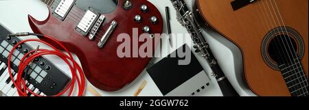 Set of different musical instruments on white background. Stock Photo