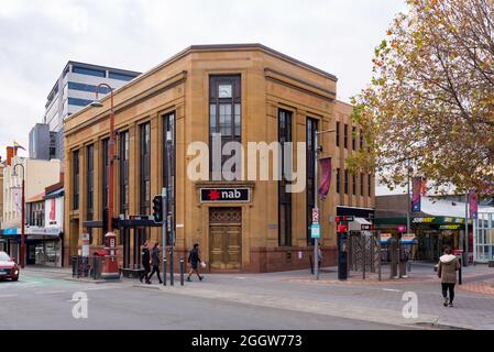 The 1938 built National Bank of Australia (now NAB) is built from locally quarried stone that was shipped to Melbourne for polishing first Stock Photo