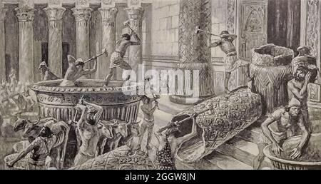 THE CHALDEES DESTROY THE BRAZEN SEA. II Kings xxv. 13. “And the pillars of brass that were in the house of the Lord, and the bases, and the brazen sea that was in the house of the Lord, did the Chaldees break in pieces, and carried the brass of them to Babylon From the book ' The Old Testament : three hundred and ninety-six compositions illustrating the Old Testament ' Part II by J. James Tissot Published by M. de Brunoff in Paris, London and New York in 1904 Stock Photo