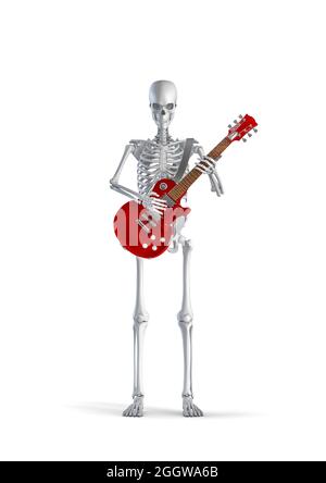 Skeleton guitarist - 3D illustration of male human skeleton figure playing red electric guitar isolated on white studio background Stock Photo