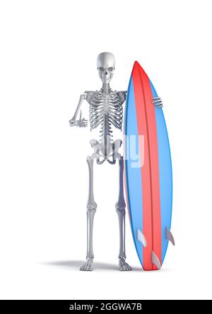 Skeleton with surfboard - 3D illustration of male human skeleton surfer figure giving thumbs up hand sign isolated on white studio background Stock Photo