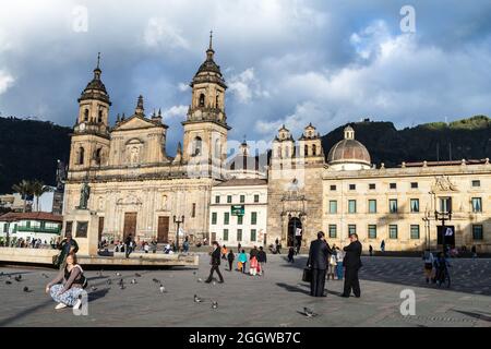 BOGOTA, COLOMBIA - SEPTEMBER 23, 2015: Bolivar square in the center of Bogota. Cathedral also present. Stock Photo