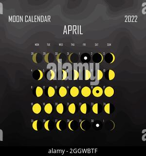 April 2022 Moon calendar. Astrological calendar design. planner. Place for stickers. Month cycle planner mockup. Isolated black and white background Stock Vector