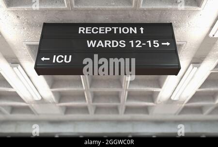 A hospital directional sign mounted on a cast concrete ceiling highlighting the way towards the ICU ward - 3D render Stock Photo