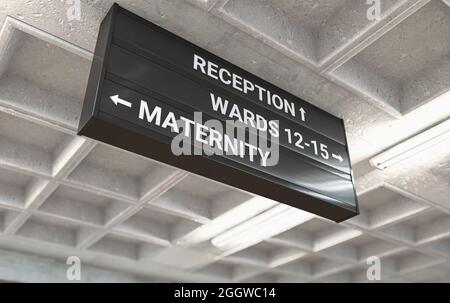 A hospital directional sign mounted on a cast concrete ceiling highlighting the way towards the maternity ward - 3D render Stock Photo