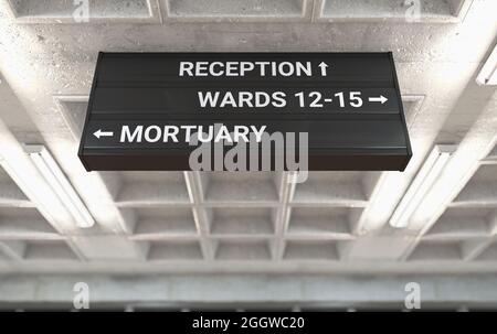 A hospital directional sign mounted on a cast concrete ceiling highlighting the way towards the mortuary - 3D render Stock Photo