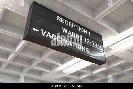 A hospital directional sign mounted on a cast concrete ceiling highlighting the way towards the vaccination ward - 3D render Stock Photo