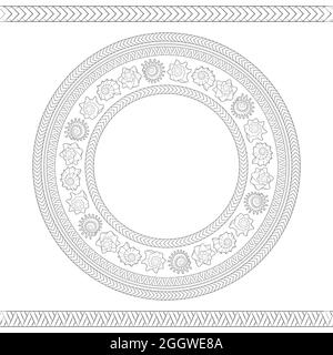 Seamless pattern with shells and Polynesian patterns. Vector black and white round illustration. Stock Vector
