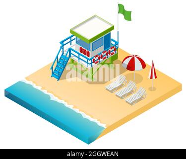 Isometric Watchtower on a Sandy Beach. Lifeguard on the beach. Safety while swimming. Stock Vector