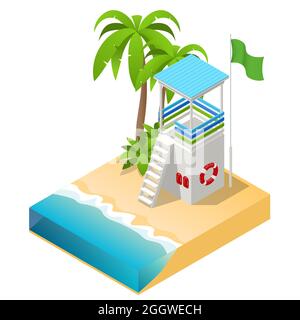 Isometric Watchtower on a Sandy Beach. Lifeguard on the beach. Safety while swimming. Stock Vector