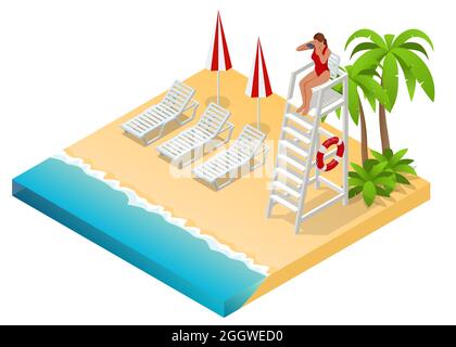 Isometric Watchtower on a Sandy Beach. Lifeguard on the beach. Safety while swimming. Stock Vector