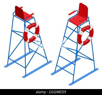 Isometric Watchtower on a Sandy Beach. Lifeguard on the beach. Safety while swimming. Stock Vector