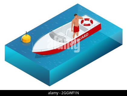 Isometric handsome male lifeguard with life buoy at boat. Lifeguard on the beach.Safety while swimming. Beach emergency rescue. Male rescuer on duty Stock Vector