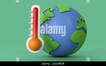 Rising global temperatures. Earth model with a thermometer. 3D Render ...