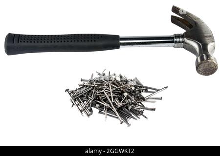 silver hammer with black handle and a lot of metal nails tools for ...