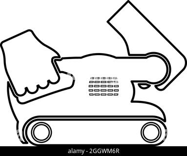 Belt sander in hand holding tool use Arm using circular sheet Electric orbital instrument contour outline icon black color vector illustration flat Stock Vector