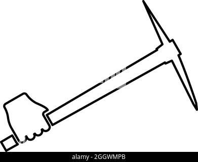 Pickaxe in hand tool in use Arm Digging and mining concept Industrial work Mattock quarry contour outline icon black color vector illustration flat Stock Vector