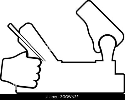 Jointer jack plane in hand holding tool use Arm using instrument with wood contour outline icon black color vector illustration flat style simple Stock Vector