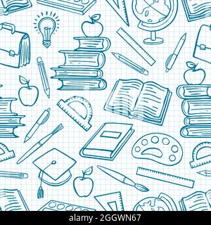 child blue background with school supplies. Globe, paints and brushes, books. hand-drawn illustration Stock Vector