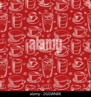 seamless background with different of cups of coffee and coffee beans. hand-drawn illustration Stock Vector