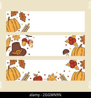 Hand drawn Thanksgiving elements for banner design. Holiday card in doodle style on white. Set of three horizontal banners Stock Vector