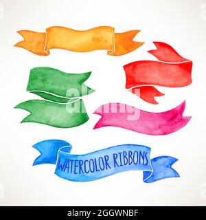 set with beautiful colorful watercolor ribbon banners. hand-drawn illustration Stock Vector
