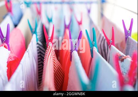 Different clothes dry on drying. Stock Photo