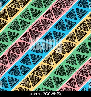 abstract seamless pattern of triangles black hand-drawn spirals on colorful striped background Stock Vector