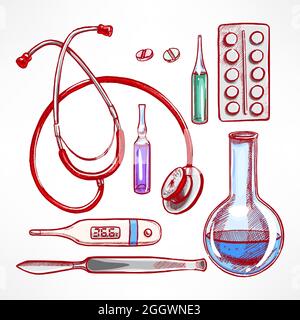 Set with sketch medical supplies. scalpel, stethoscope, bulb. hand-drawn illustration Stock Vector