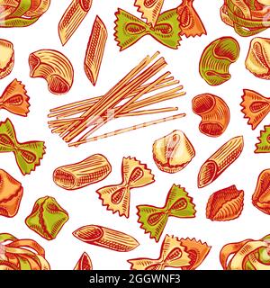 seamless background with various kinds of pasta. hand-drawn illustration Stock Vector