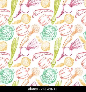 Seamless background with vegetables: peppers, carrots, onions, beets, cabbage Stock Vector