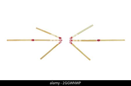 Close-up two arrow Facing each other of red matchsticks isolated on white background, Top view. Mockup. Flat lay composition. Stock Photo